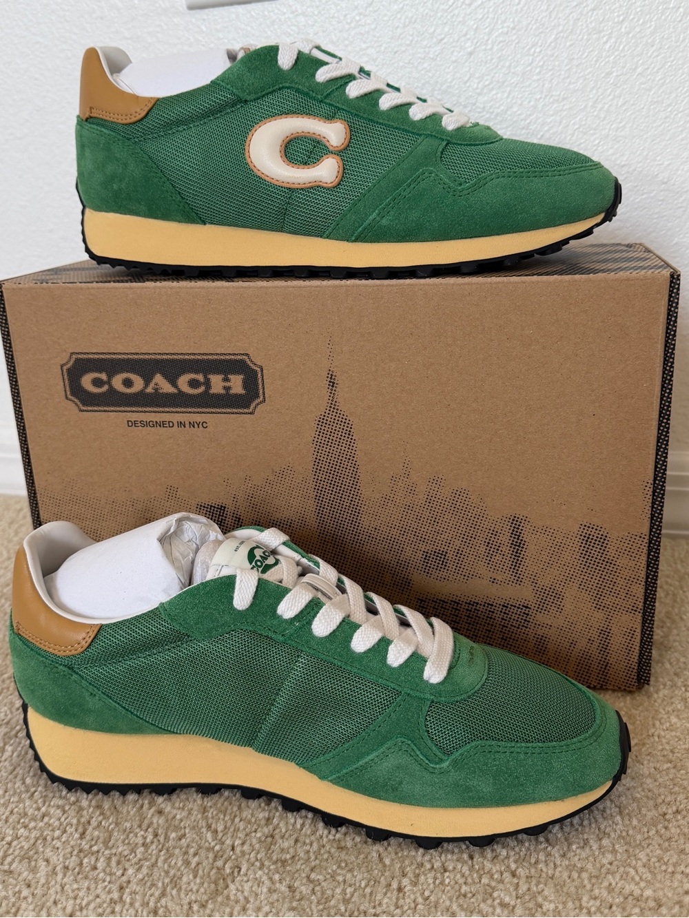 Coach Retro Runner Mens 9 New Suede Mesh Shoes Green Sneakers NWT Light Drivers